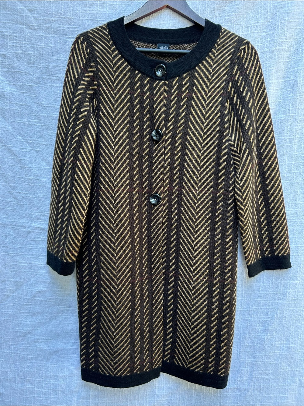 Rafaella Black and Tan Chevron Long-Sleeve Knit Coat Dress